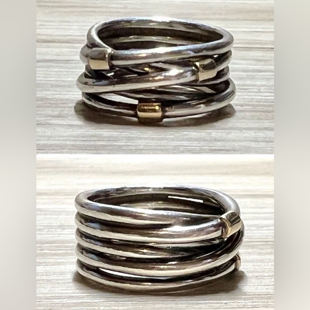 Designer Pandora Sterling Silver & 14K Gold Crossover Wide Band Ring, Size 5